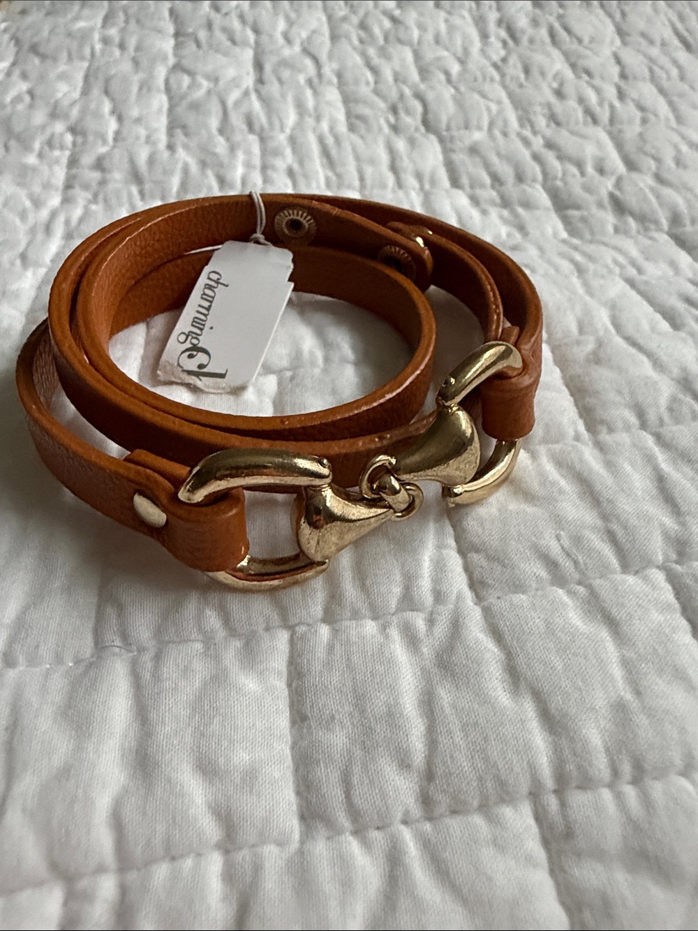 leather horse bit wrap bracelet in cognac with gold hardware